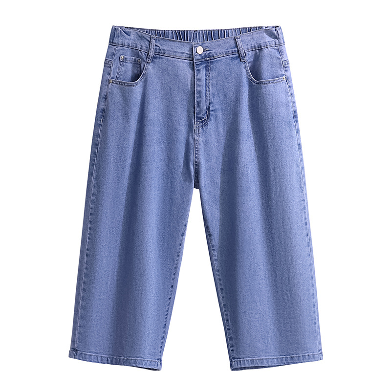 Large size women's 200/300kg denim cropped pants high waist slim loose straight elastic wide leg pants 3397