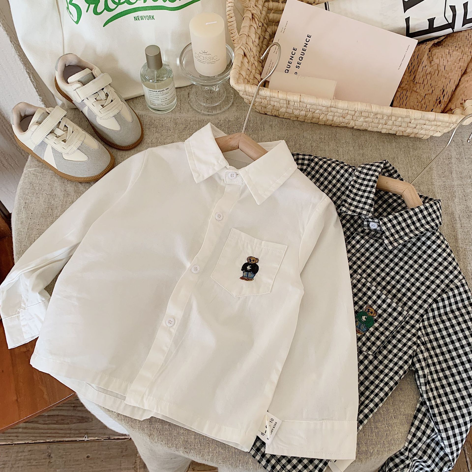 Children's shirt 2024 Bangcheng spring boys and girls Korean style plaid pocket bear solid color loose shirt F0055