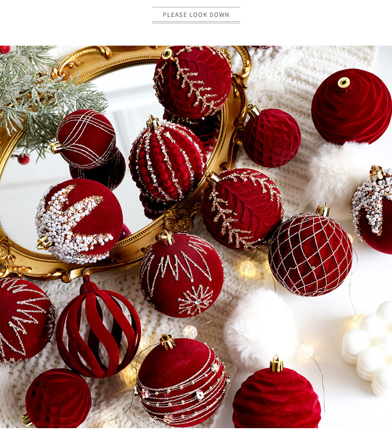 Christmas tree decorative ball Christmas painted ball flocking dark red Christmas ball Pearl DIY hanging decoration scene layout_voghion.com