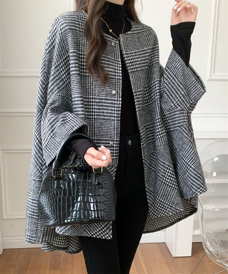 Mid-length cardigan round neck plaid coat cape for women 2024 autumn and winter New Korean style fashion trendy coat for women_voghion.com