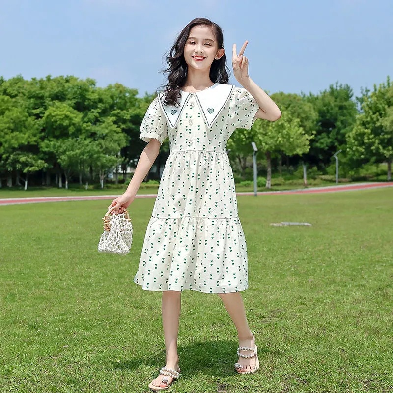 Girls' Summer Dress Stylish Children's Fashionable Girl's Princess Dress Puff Sleeve Mid-Big Children's Summer Floral Dress