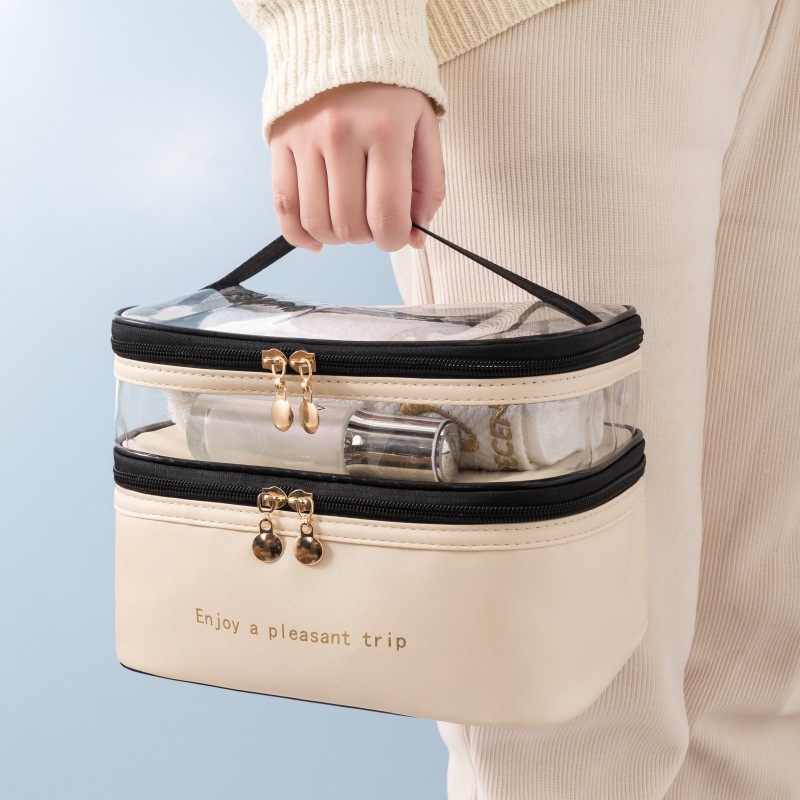 PU Solid Color Minimalist Double-Layer Makeup Bag Waterproof Transparent Travel Toiletry Bag Large Capacity Shower Bag