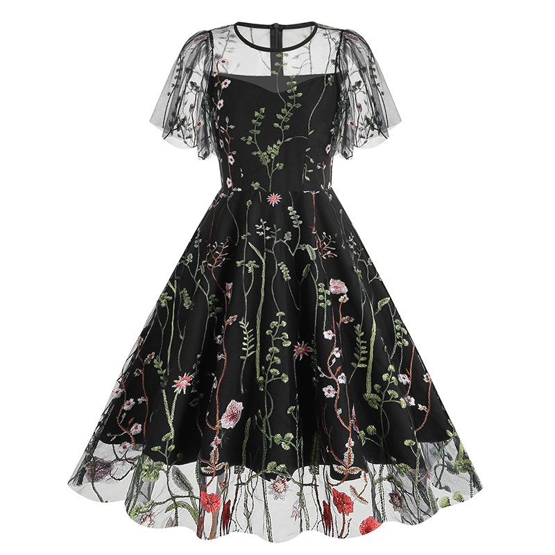 Amazon Europe and the United States cross-border round neck short sleeve heavy embroidery dress 50s dress 8235
