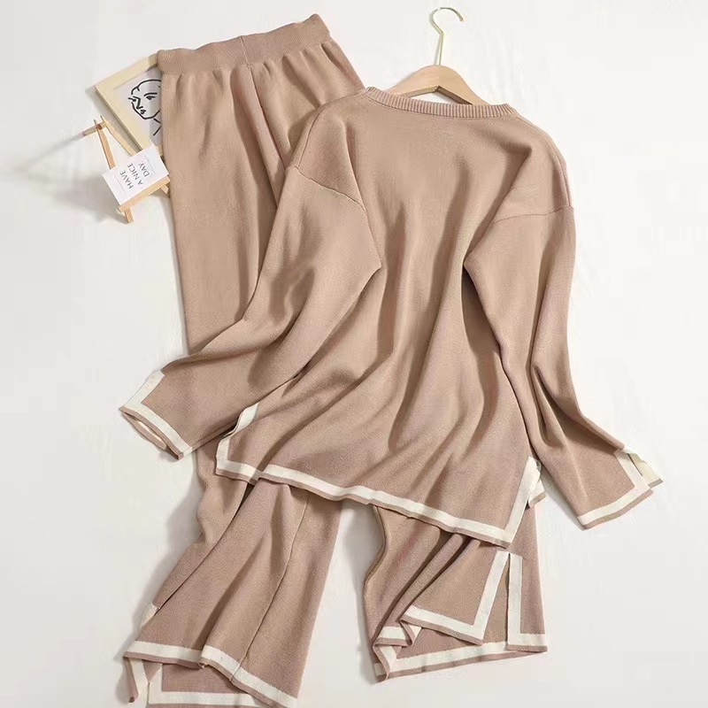 2024 autumn new temperament contrast color split long sleeve sweater high waist slim wide leg pants pants two-piece suit