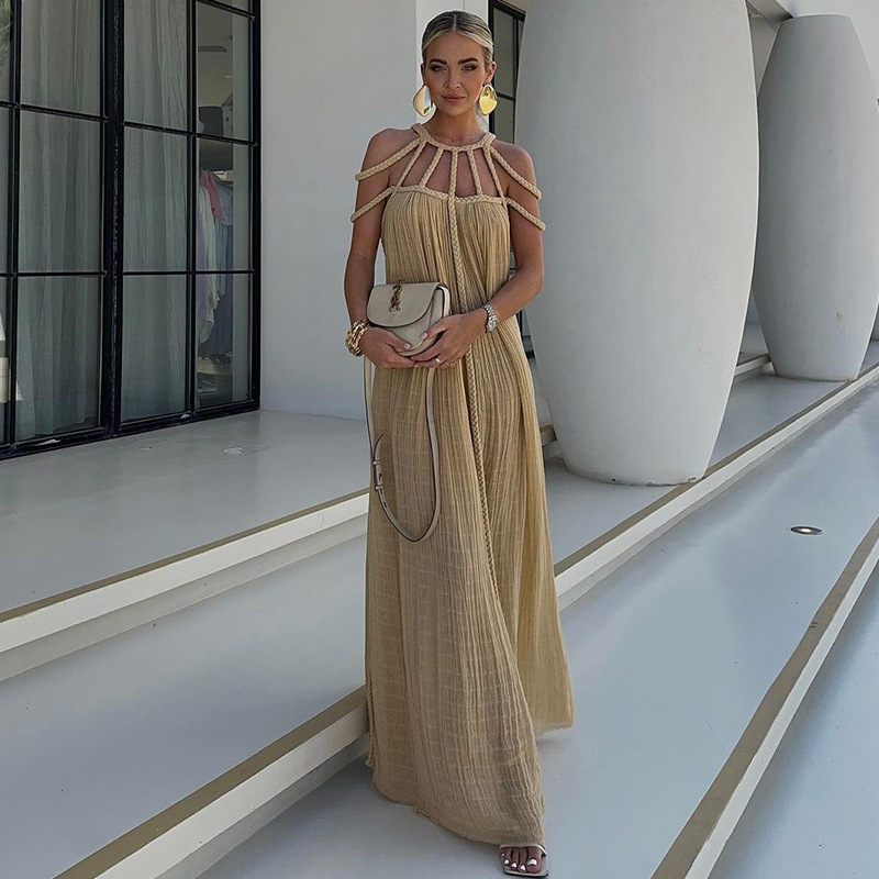 2024 new cross-border European and American spring women's long dress lace off-shoulder sexy halter loose holiday beach dress