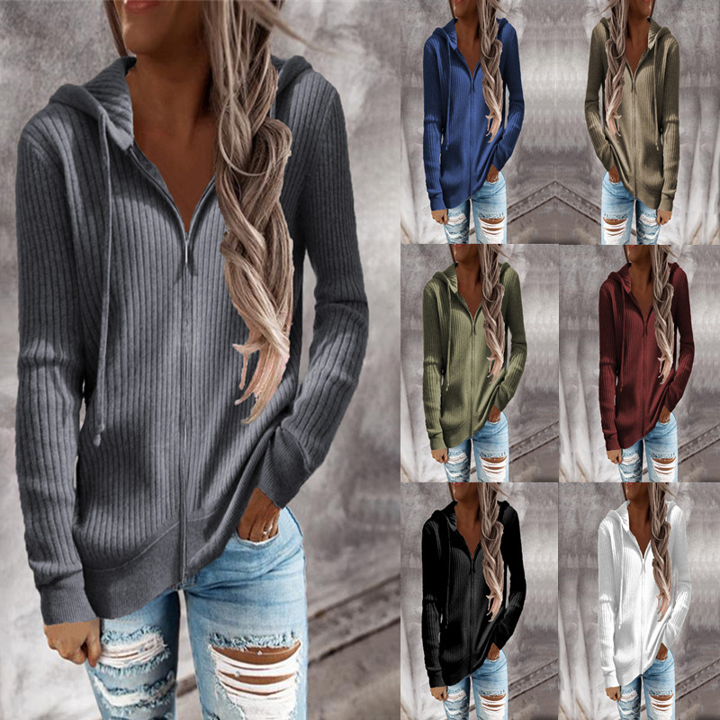 European and American Cross-border Autumn and Winter New Striped Casual Sweater Loose Knitwear Zipper Cardigan Long-sleeved Hooded Sweater for Women