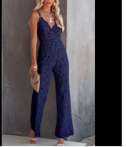European and American women's deep V backless jumpsuit cross-border long solid color slim sleeveless jumpsuit women's wholesale