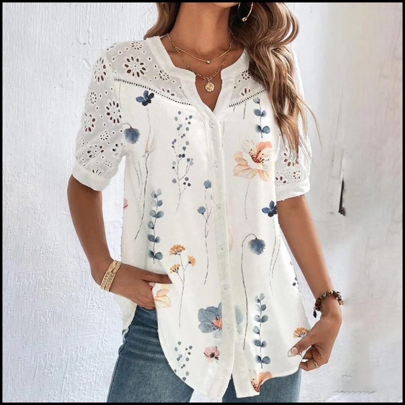 2023 Amazon ebay cross-border independent station foreign trade new fashion breasted lapel short sleeve shirt women's top