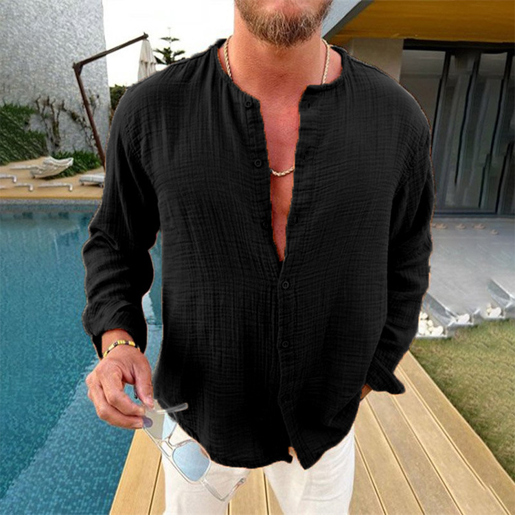 Europe and the United States cross-border 2023 Spring and Autumn new double wrinkled men's loose casual wrinkled long sleeve shirt collar shirt