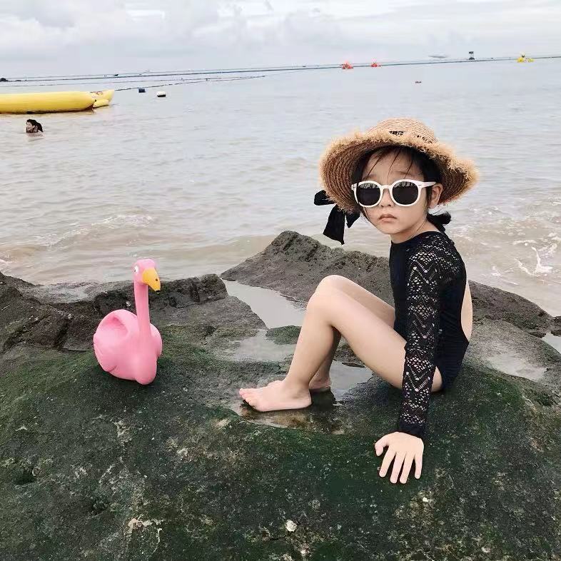 Korean Cute Girls' Swimwear Children's One-piece Long-sleeved Swimwear Sunscreen Lace Backless Baby Swimwear