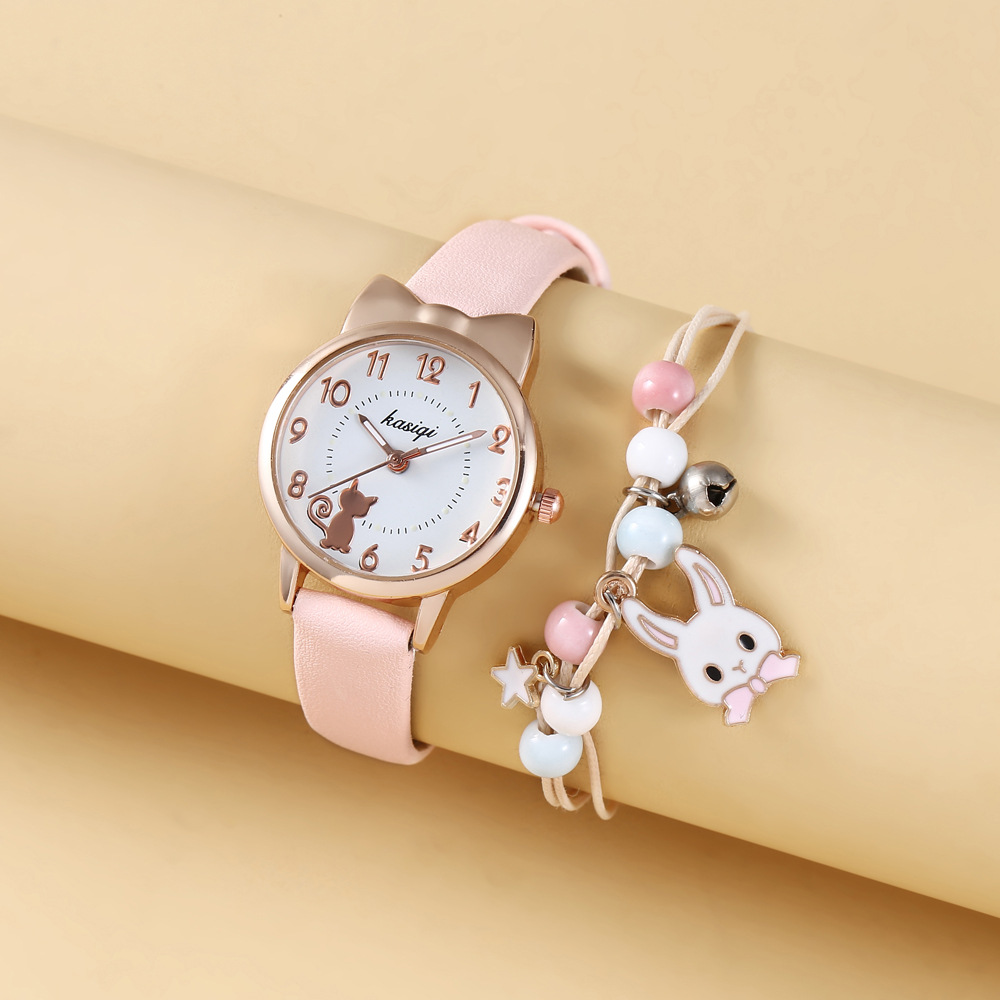 2 pcs/set children's small fresh student wind girl heart animal dial belt quartz watch rabbit bracelet