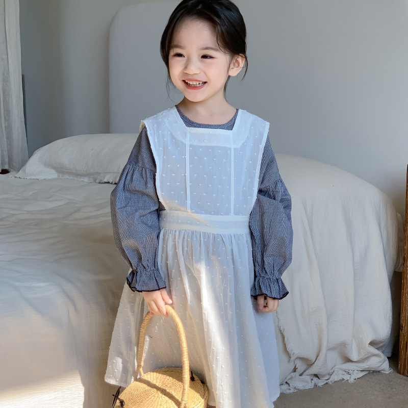 女童泡泡袖套裝2024春裝女寶寶韓版洋氣格子連衣裙背心罩衣兩件套