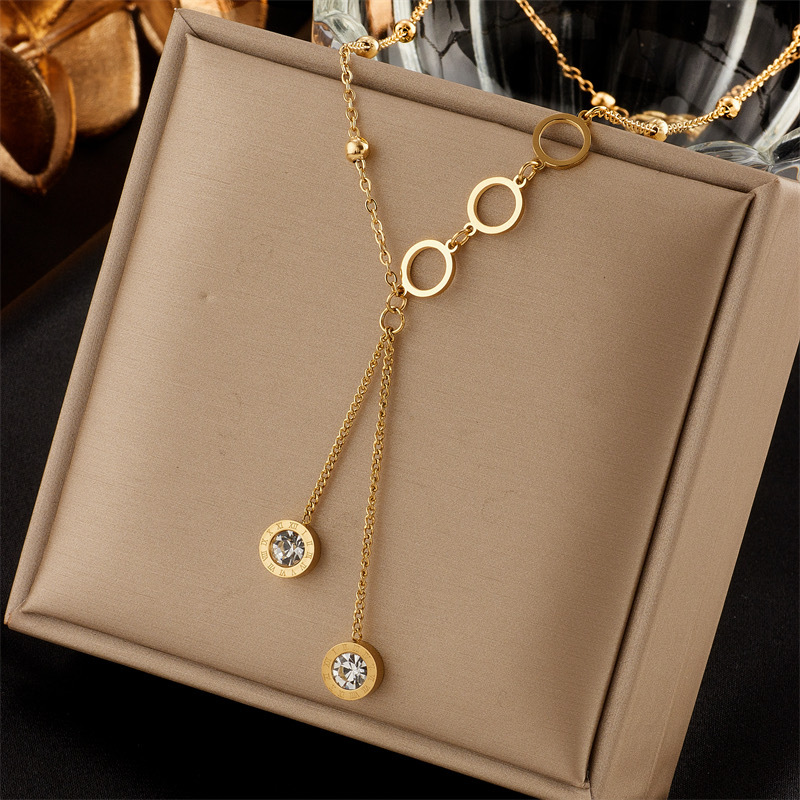 New long Roman digital tassel necklace gold simple elegant titanium steel necklace women's retro clavicle chain jewelry