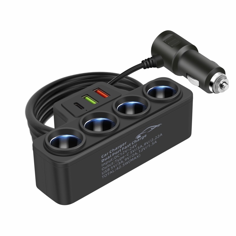 New car one-to-four smart cigarette lighter QC3.0 + PD30W car multi-function mobile phone fast charging charger