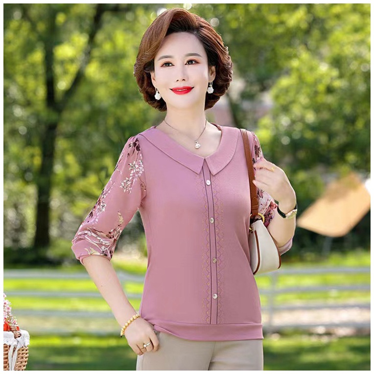 Live broadcast of the same  summer new loose thin middle-aged women's T-shirts with spliced ​​printing and slimming shirts