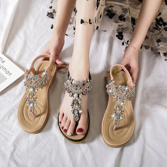 2023 Summer new bohemian sandal fashion rhinestone flat sandals women's Amazon foreign trade cross-border
