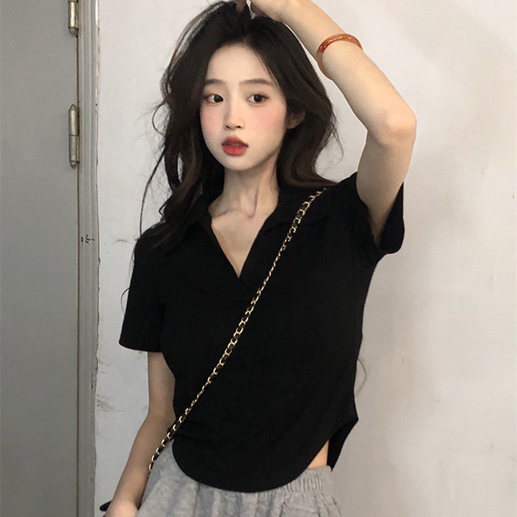 Short-sleeved T-shirt Women's Short Shoulder Tight T-shirt Summer Niche Design Sense American Style Vintage Hot Girl Top Clothes polo Sugiyama