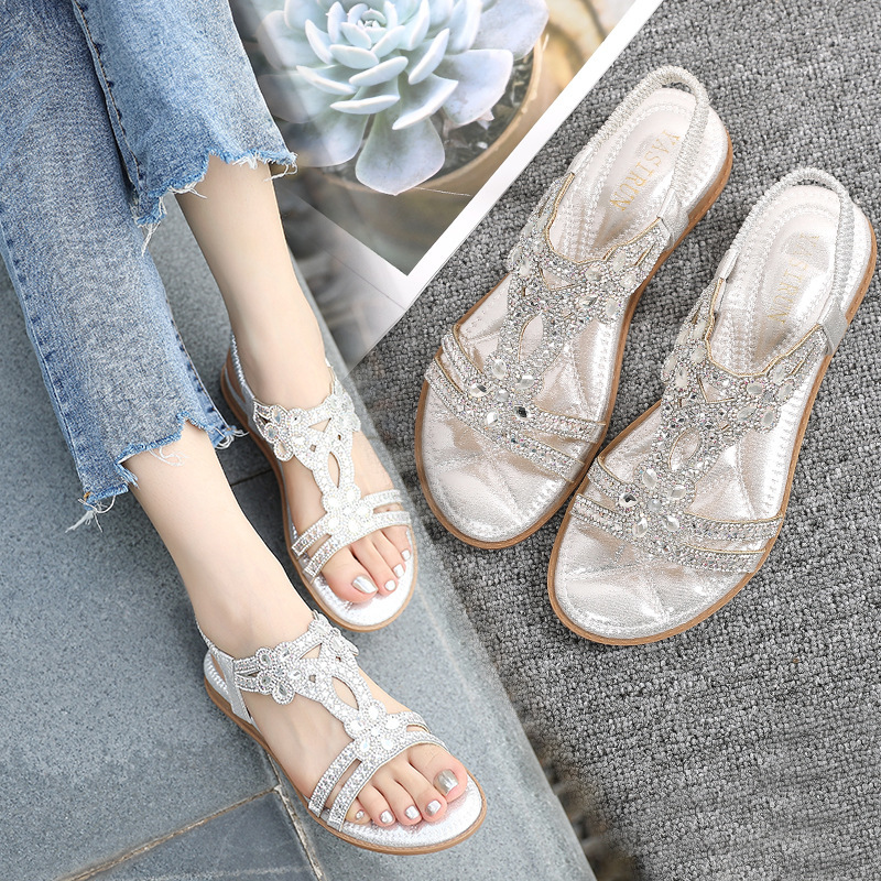 AliExpress 2021 New Hollow Flat Rhinestone Sandals Women Bohemian Style Casual Fashion Holiday Sandals