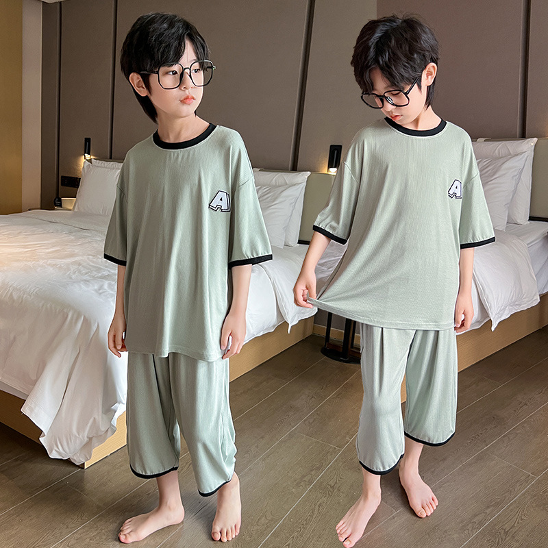 2023 Ice Silk home wear for boys and older children summer new casual comfortable pajamas two-piece air conditioning clothes fashion