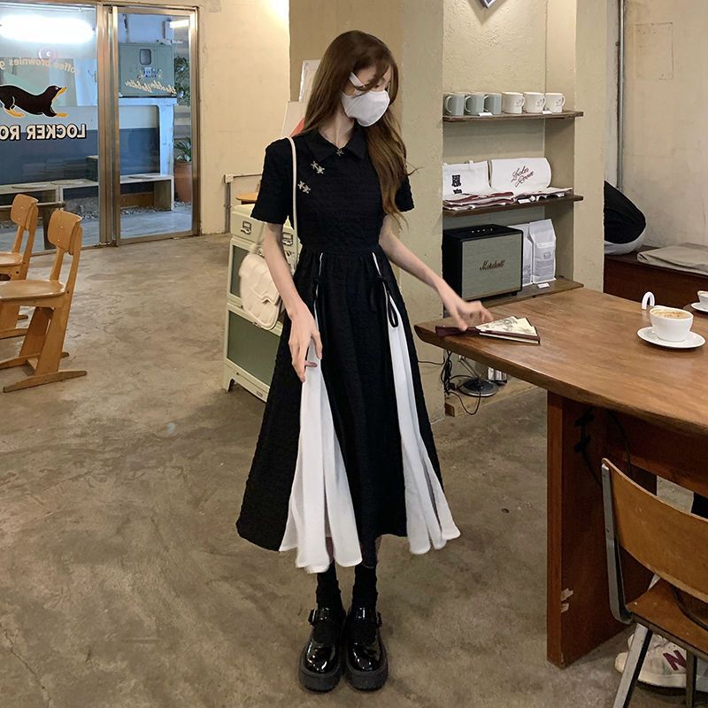Improved Cheongsam Tea Break French Elegant Black Dress Short Long Dress 2024 New Women's Clothing