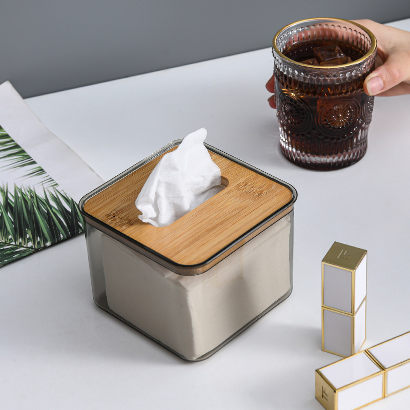 Simple transparent bamboo tissue box household paper box creative napkin storage box cross-border advertising logo wholesale