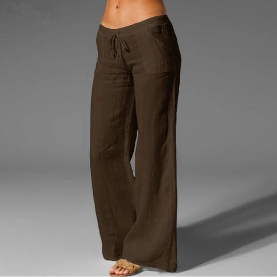 2023 New Cross-border European and American Amazon Women's High Waist Wide Leg Pants Big Foot Pocket Cotton and Linen Casual Pants for Women