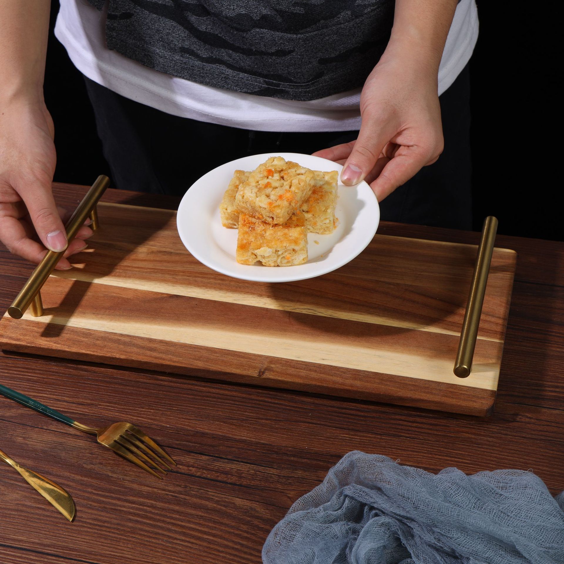 Acacia Wooden Tray with Metal Handle Restaurant Hotel Sushi Plate Household Dinner Plate Cake Dessert Afternoon Tea Tray