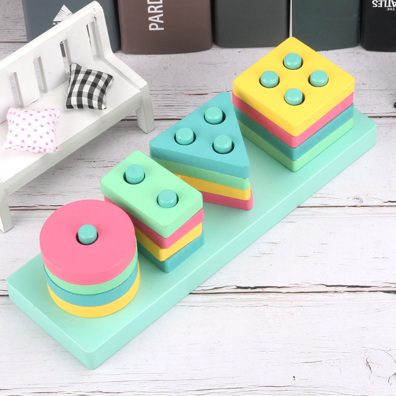 Children's geometric shape matching intelligence development four sets of column building blocks Montessori teaching aids 1-3 years old wooden educational toys