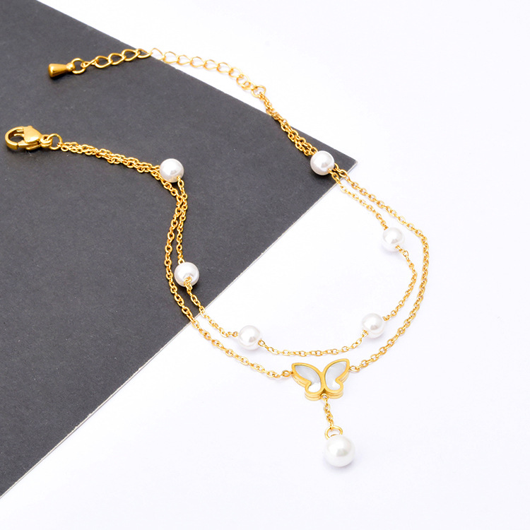 Korean style fashion double-layer anklet Pearl butterfly pendant fashion Shell anklet titanium steel color retaining jewelry girls gift