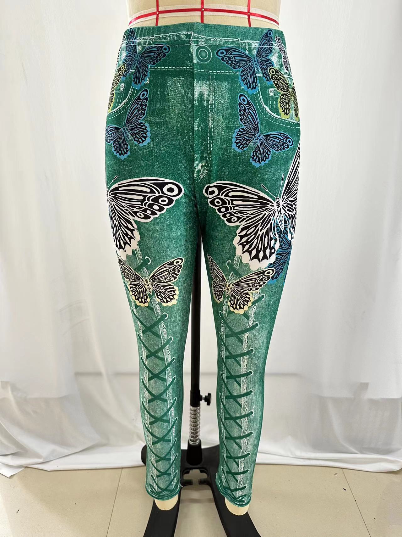 In Stock European and American AliExpress popular women's butterfly print Denim sports leggings plus size breathable