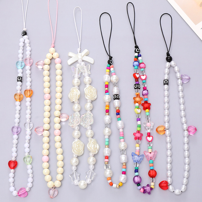 Hot Selling Internet Celebrant Beaded Love Phone Chain Anti-drop Anti-drop Mobile Phone Case diy Pearl Hanging Chain Short Mobile Phone Lanyard