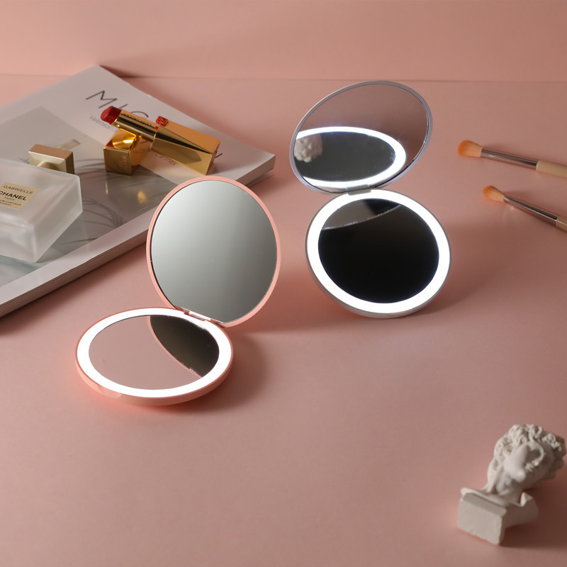 Mini LED luminous makeup mirror round portable folding small mirror with light Beauty Mirror printed logo