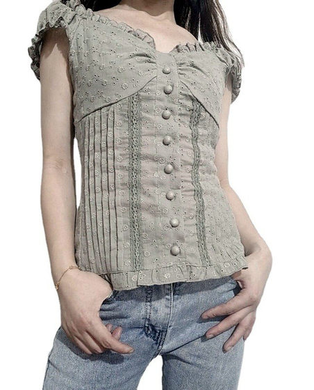 2022 Amazon Independent Station New Women's Pleated Shoulder Low Collar Button Folding Lace Tight Top