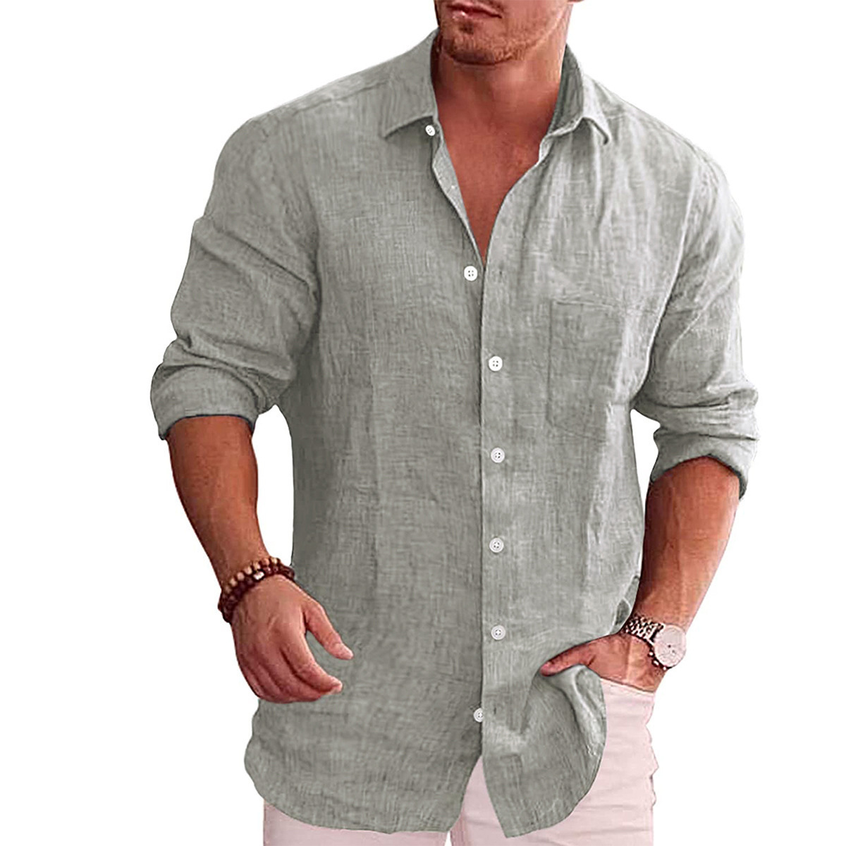 2023 Amazon ebay Foreign Trade Men's Loose Large Size Solid Color Shirt Linen Lapel Long Sleeve Casual Shirt for Men