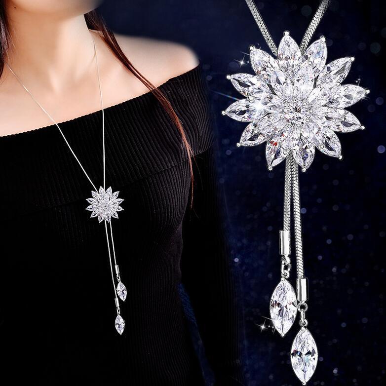 European and American New Amazon eBay wild lotus Lotus double layer crystal flower necklace sweater chain wholesale