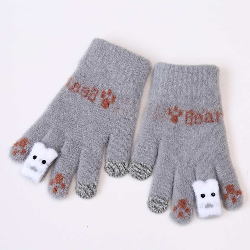 Winter new fleece-lined warm women's touch screen gloves cute bear ins five-finger cold-proof riding gloves