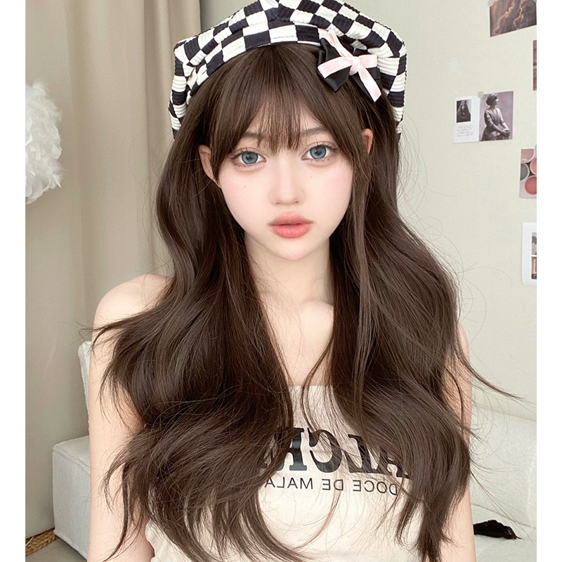 Cold Brown gentle temperament long curly hair full head cover women's fashion Lady big wave wig age-reducing atmosphere