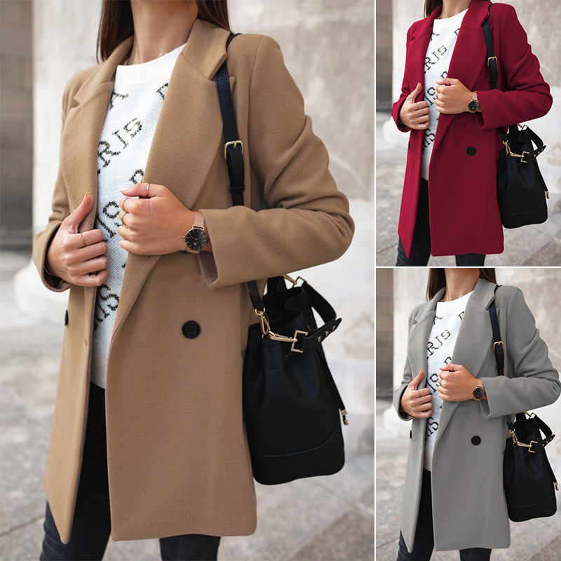 2023eBay Amazon wish autumn and winter solid color long sleeve double row button suit collar tweed coat women
