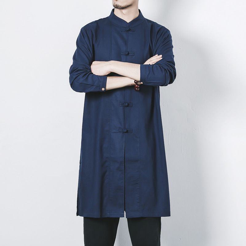 2021 Chinese-style Autumn Mid-length Button-down Shirt Solid Color Collar Linen Tang Suit Retro Zen Suit Fashionable Jushi Suit