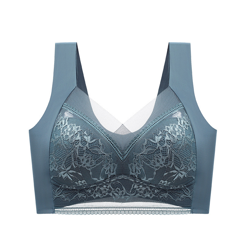 Cross-border lace large size vest seamless ice silk gathered breathable thin bra beautiful back big chest small fixed underwear