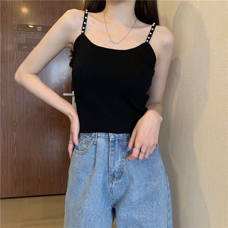 Pure lust style pearl camisole for women summer new design hot girl high waist exposed navel short sleeveless top trendy