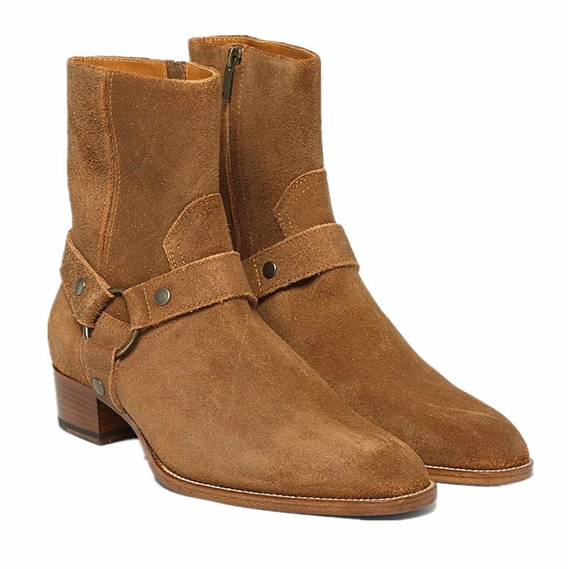 European and American CHELSEA BOOT CHELSEA Boots Men's Leather Pointed High-Top Frosted Denim British Martin Boots Trendy