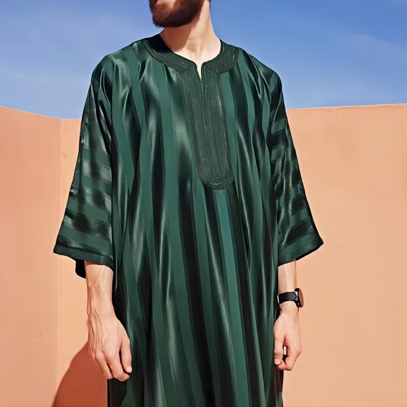2023wish Amazon cross-border hot men's embroidery Arab youth dark green Muslim robe men
