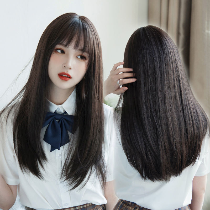 かつらの女性の中で長い髪の日本の丸い顔の空気の前髪の長いまっすぐな髪のかわいいjkの少女の自然なリアルな全体のカバー式|undefined