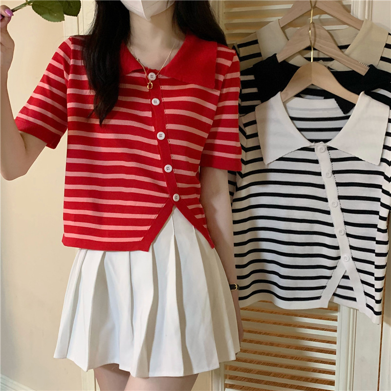 polo collar knitted cardigan short-sleeved T-shirt women ins summer  new Korean style striped irregular slit top