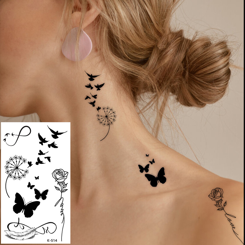 Small Fresh tattoo Sticker English Letter Flower Butterfly Sketch Line Waterproof tattoo Sticker