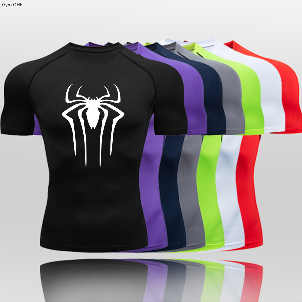 Cross-border manufacturers sell men's fitness clothing 2099 spider print tights T-shirt quick-drying high-elastic sports top