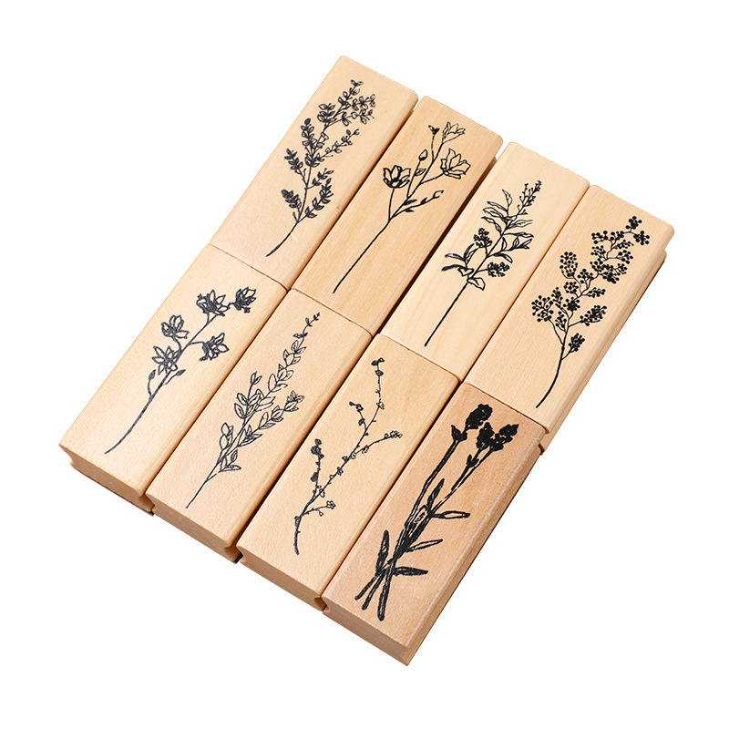 Exquisite Wooden Flowers and Plants Set Seal Creative Fresh Plant Hand Account DIY Photo Album Decorative Seal 8 Selection