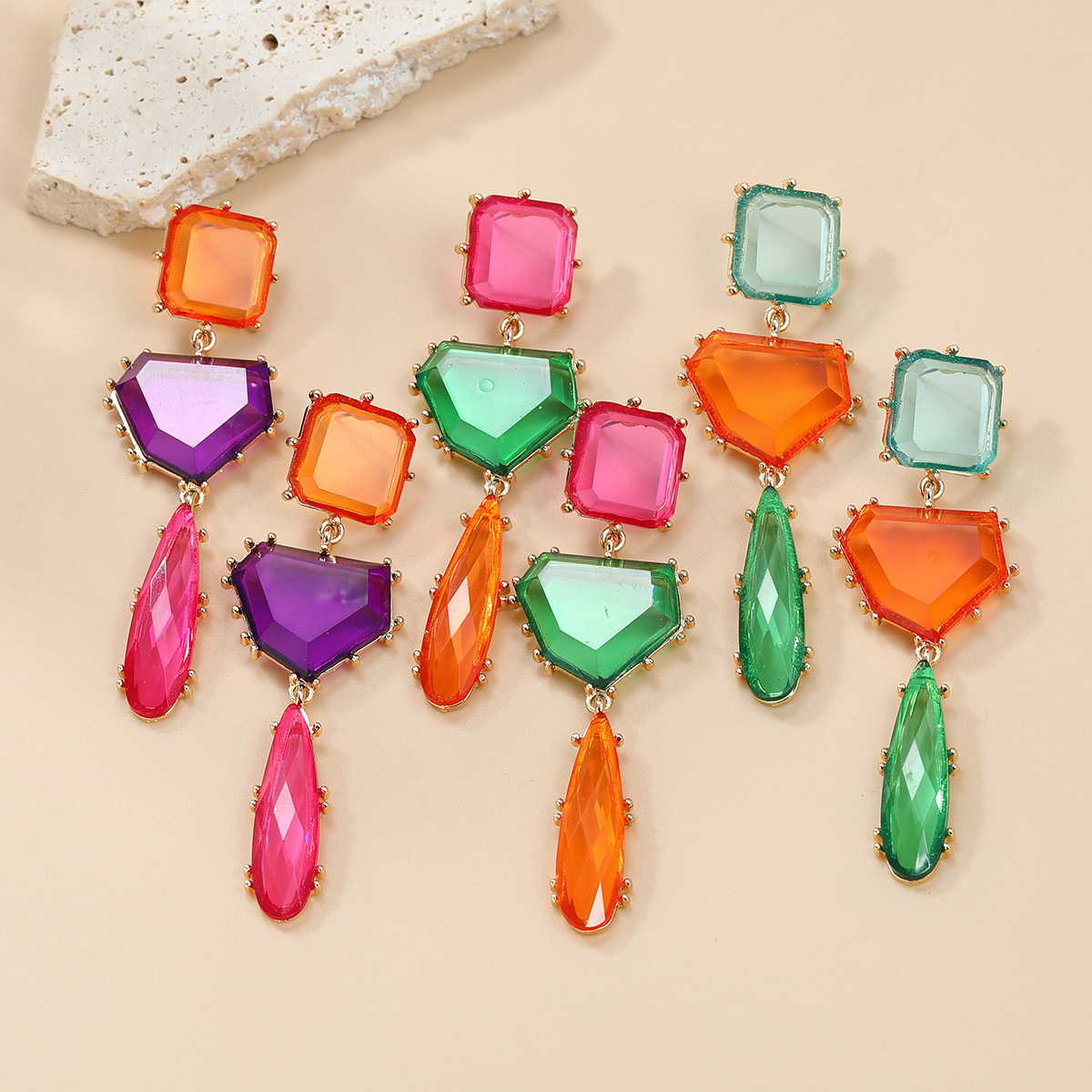 跨境彩鑽耳環歐美誇張耳飾女幾何形拼色耳墜波西米亞飾品earrings