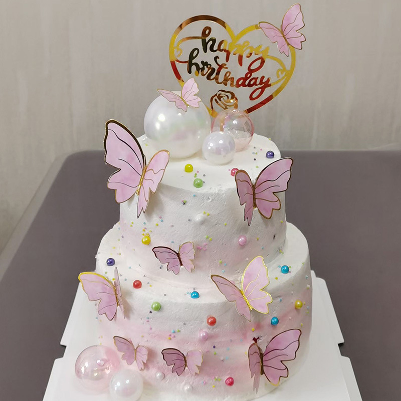 Baking cake decoration creative pink butterfly magic ball plug-in cake card insertion birthday party dress-up supplies